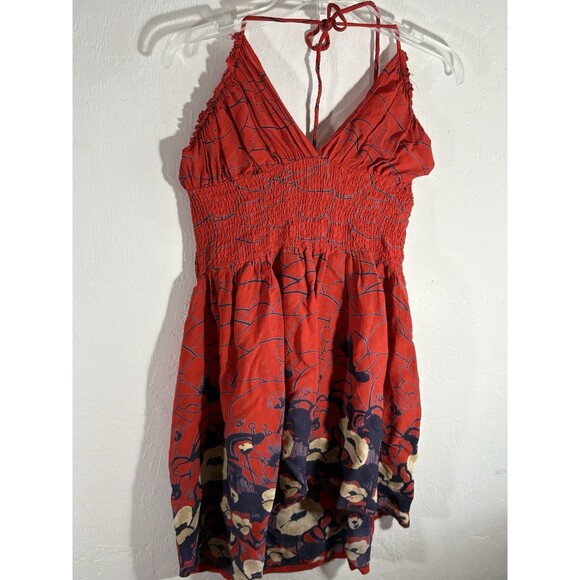 Angie Designer Women’s Small Red Blue Halter Top Dress Smocked Waist Spaghetti - Picture 1 of 8